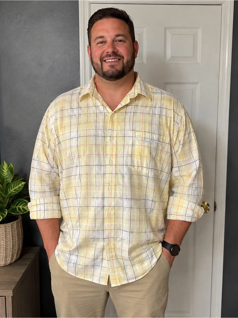 Alex Cannon Men's XL Yellow Plaid Button-Up Dress Shirt, 100% Cotton